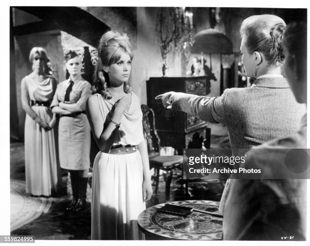 Annette Vadim is pointed at in a scene from the film 'Agent Of Doom', 1963.