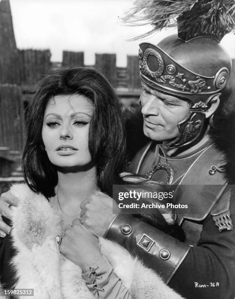 Sophia Loren is held by Stephen Boyd in a scene from the film 'The Fall Of The Roman Empire', 1964.