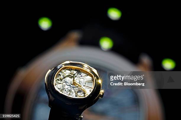 An Emperador Coussin automatic 48mm repeater watch sits on display at the Piaget, a unit of Cie. Financiere Richemont SA, booth during the first day...