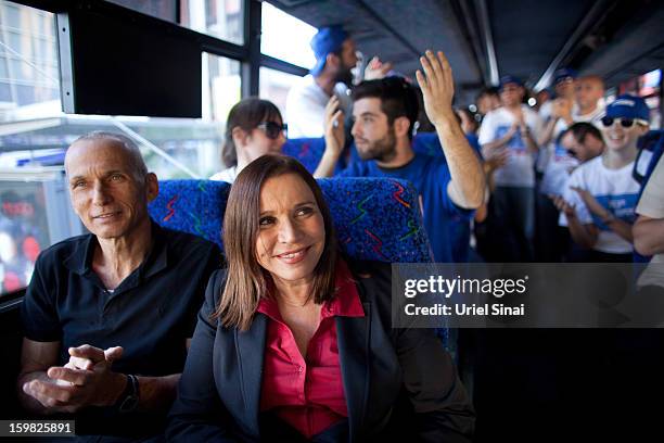 Israeli Labor party leader Shelly Yachimovich sits in a bus during a campaign tour on January 21, 2013 in Tel Aviv, Israel. The Israeli general...