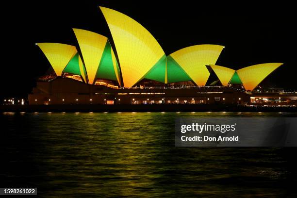 The sails of the Sydney Opera House are seen illuminated on August 07, 2023 in Sydney, Australia. The sails of the Sydney Opera House are being...