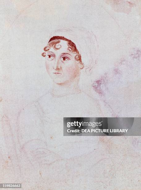Portrait of Jane Austen , British writer from the pre-Romantic period, by Cassandra Austen , ca 1810, watercolour and pencil, 11.4x8 cm. London,...