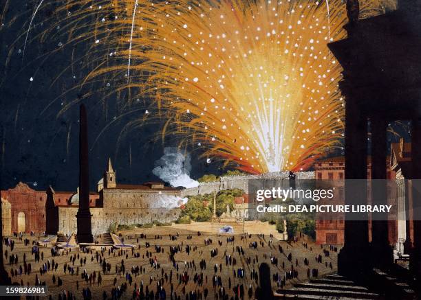 Catherine wheel, Pincian Hill, Roman fireworks display, colour print. Italy, 18th century. Rome, Museo Di Roma In Trastevere