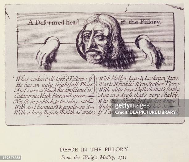 Satirical representation of Daniel Defoe in the pillory, engraving by Whig's Medley London. England, 18th century.