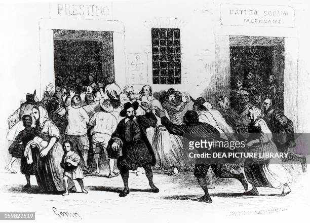 The looting of the Bakery of the crutches, episode from The Betrothed, by Alessandro Manzoni , illustration by Francesco Gonin 1840 edition.