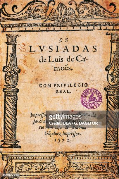 Title page of The Lusiads epic poem by Luis Vaz de Camoes . Coimbra, Biblioteca Geral Da Universidade De Coimbra