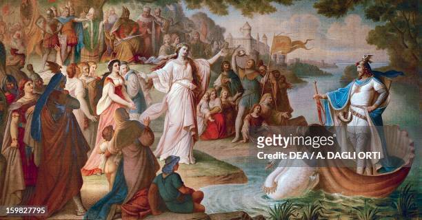Lohengrin arrives in Antwerp on a ship pulled by a swan on the waters of the Scheldt, painting from the Lohengrin mural cycle, by August von Heckel ,...