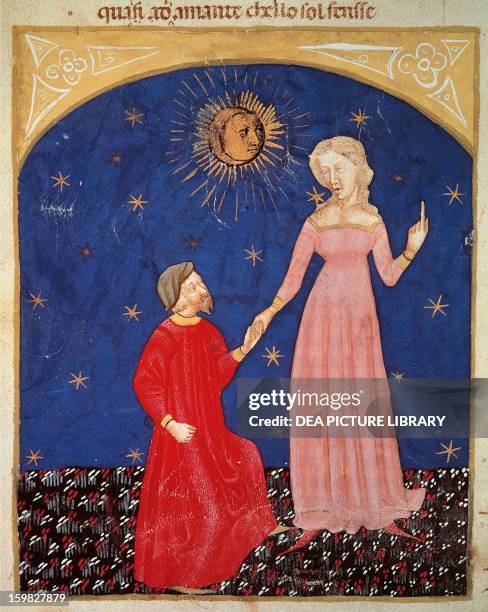 Beatrice leading Dante, Paradise scene from the Divine Comedy, by Dante Alighieri , Venetian miniature, 14th century. Venice, Biblioteca Nazionale...