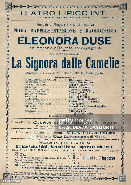 Poster for the International Lyric Theatre in Milan for the performance of the play, The Lady of the Camellias, by Alexandre Dumas , performed by...