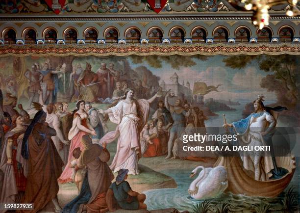 Lohengrin arrives in Antwerp on a ship pulled by a swan on the waters of the Scheldt, painting from the Lohengrin mural cycle, by August von Heckel ,...