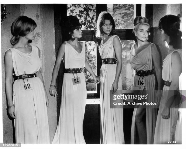 Annette Vadim standing with other women in a scene from the film 'Agent Of Doom', 1963.