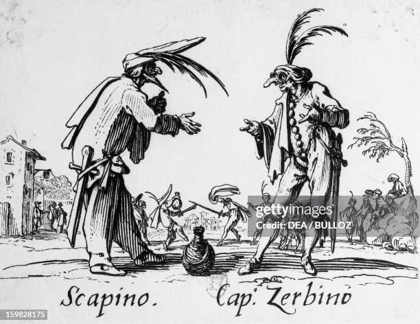Scapino and Zerbino, masks from Commedia dell'arte. Engraving by Jacques Callot . Paris, Bibliothèque Nationale De France