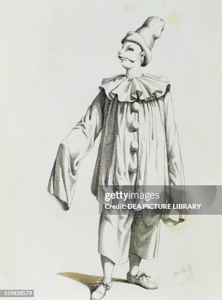 Pierrot, illustrated by Maurice Sand , engraving from the Commedia dell'Arte study entitled Masques et bouffons, comedie italienne, Paris, 1860....