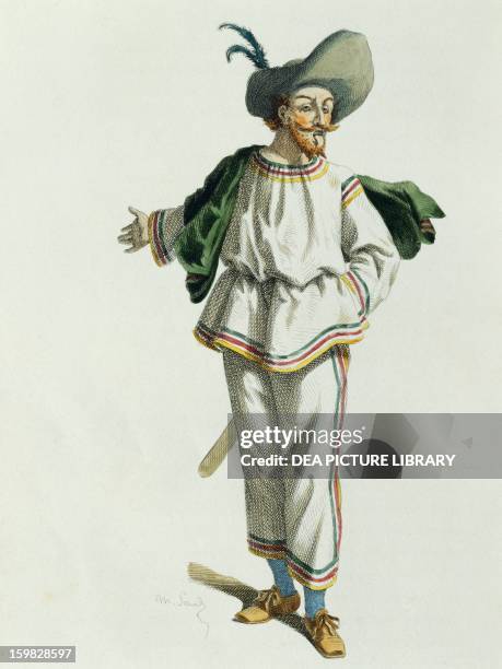Tabarino in 1618, illustrated by Maurice Sand , engraving from the Commedia dell'Arte study entitled Masques et bouffons, comedie italienne, Paris,...