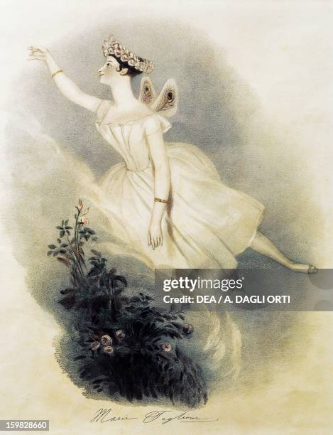 The dancer Marie Taglioni in the ballet La Sylphide, with choreography created for her by her father, Paris Opera, 1832. Incision. Milan, Museo...