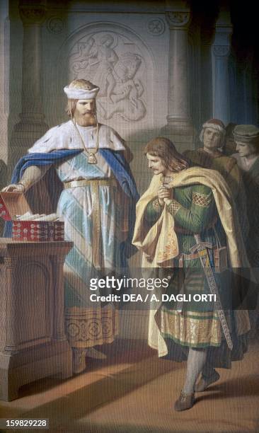 Hermann I, Landgrave of Thuringia returning the lost manuscript entitled Aneide to the poet, from the Tannhauser legend, painting by Ferdinand Piloty...