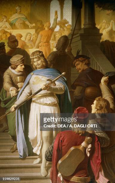 The best poets and minstrels, going to Wartburg castle and receiving a reward from Ermanno I, from the Tannhauser legend, painting by Ferdinand...