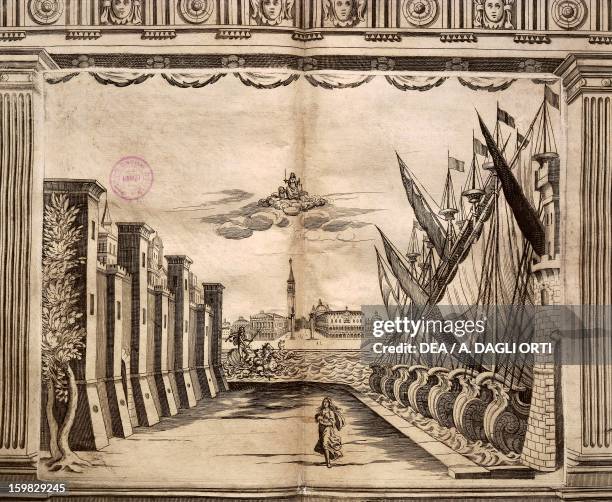 Set design with Venice in the background, from Apparati Scenici per il Teatro Nuovissimo dell'Opera Pubblica di Venezia by Giacomo Torelli from Fano...