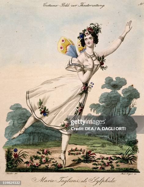 The ballerina Marie Taglioni in the ballet La Sylphide, Vienna, 1833. Colour print, 19th century. Vienna, Historisches Museum Der Stadt Wien