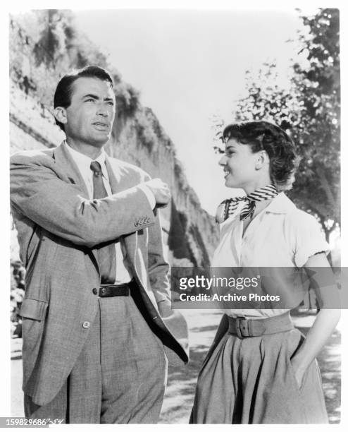 Gregory Peck and Audrey Hepburn in a scene from the film 'Roman Holiday', 1953.