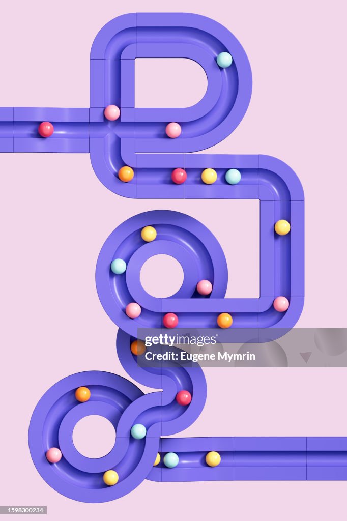 3D image of rolling spheres along a path. Creativity, learning, collaboration and teamwork concept.