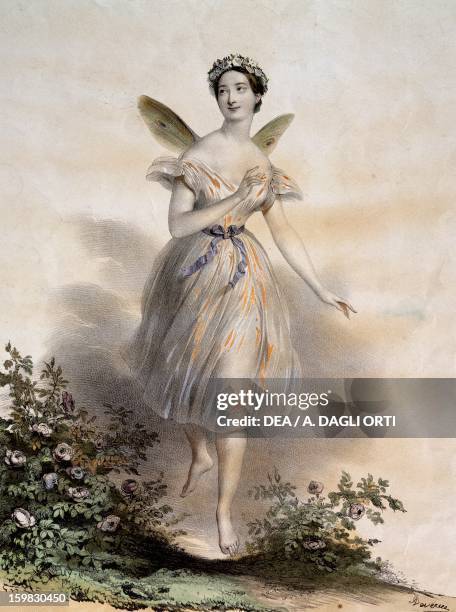 The ballerina Marie Taglioni in the ballet La Sylphide, ca 1830-40. Colour print, 19th century. Milan, Museo Teatrale