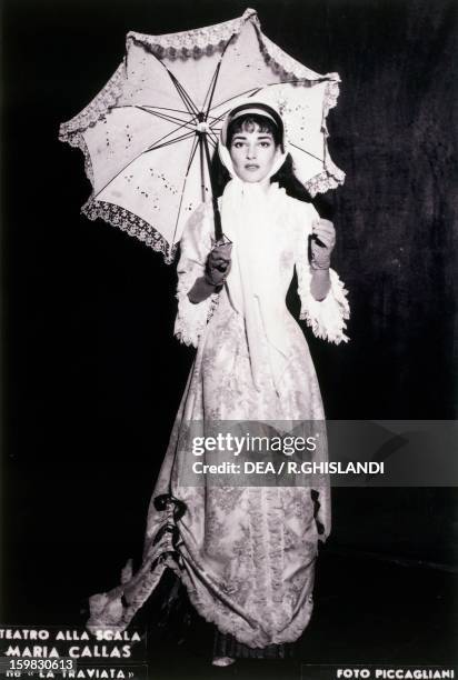 Maria Callas , American-born Greek soprano, as Violetta in La Traviata, by Giuseppe Verdi, in a 1955 production at the La Scala Theatre in Milan....