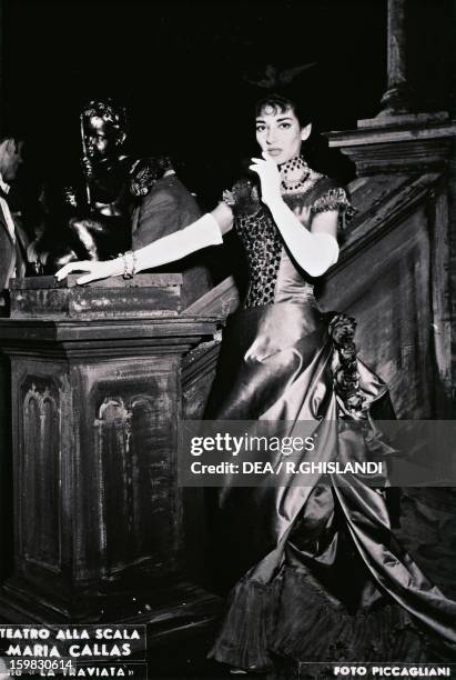 Maria Callas , American-born Greek soprano, as Violetta in La Traviata, by Giuseppe Verdi, in a 1955 production at the La Scala Theatre in Milan....