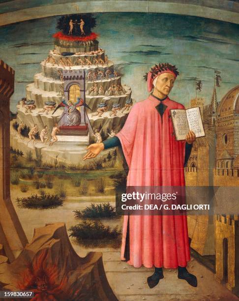 Dante Alighieri with the Divine Comedy in his hand and the mountains of purgatory in the background, detail from the Divine Comedy, by Dante...