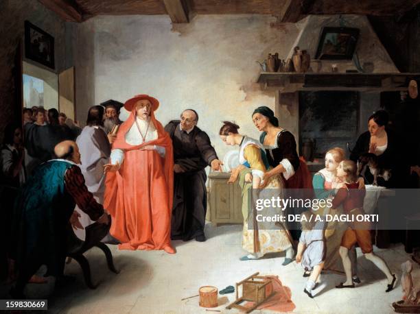 Cardinal Borromeo visiting Lucy in the tailor's house, scene from The Betrothed by Alessandro Manzoni , by Francesco Coghetti , oil on canvas, 35.3...