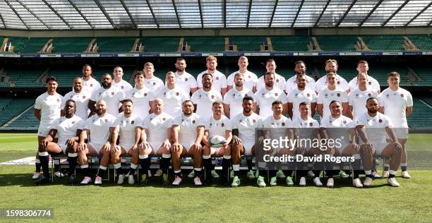 The England World Cup squad pose for a team photograph during the England rugby World Cup squad announcement at Twickenham Stadium on August 07, 2023...