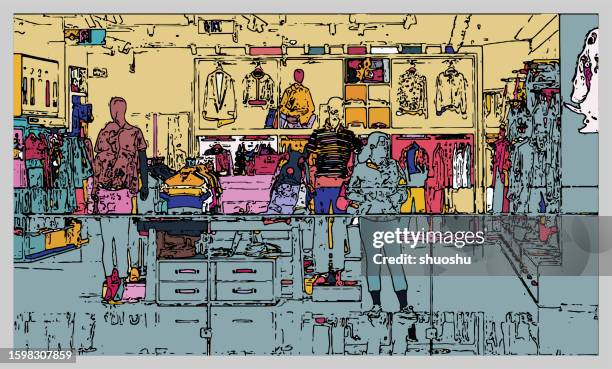 colors art outline woodcut style products display in cabinets of stores - jeans illustration stock illustrations