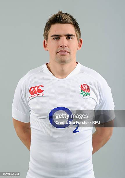 Toby Flood of England poses for a portrait during the England rugby union squad photo call at Weetwood Hall on January 21, 2013 in Leeds, England.