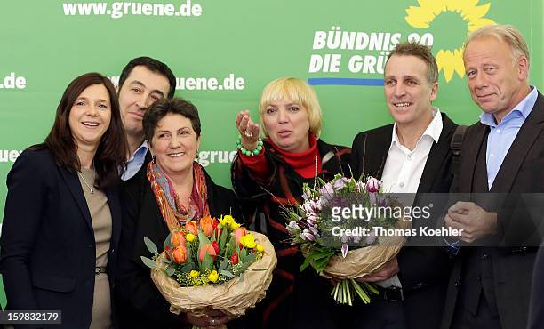 Leaders of the Green Party from left, Katrin Goering-Eckardt, Cem Oezdemir, Anja Piel, Claudia Roth, Stefan Wenzel and Juergen Trittin a day after...