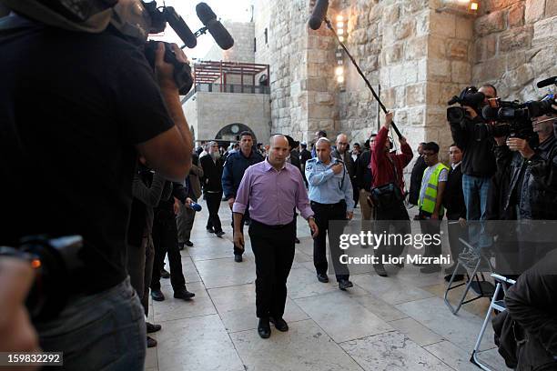 Naftali Bennett , head of the Habayit Hayehudi party, the Jewish Home party, during a visit to the Western Wall, Judaism's holiest site, on January...