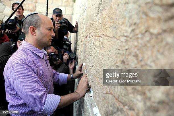 Naftali Bennett, head of the Habayit Hayehudi party, the Jewish Home party, during a visit to the Western Wall, Judaism's holiest site, on January...