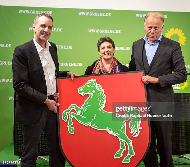 Stefan Wenzel, candidate in Lower Saxony for the German Greens, Anja Piel, member of the Greens in Lower Saxony and Juergen Trittin, leader Greens...