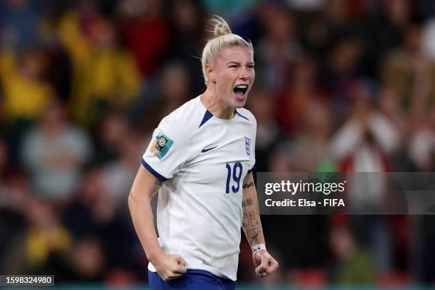 Beth England of England celebrates scoring her team's second penalty in the penalty shoot out during the FIFA Women's World Cup Australia & New...