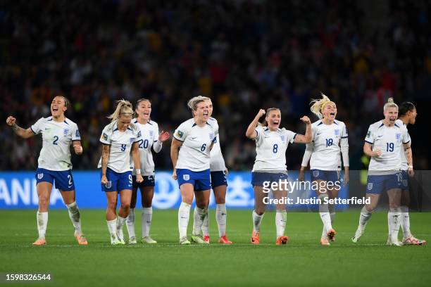 England players celebrate as Michelle Alozie of Nigeria misses her team's second penalty in the penalty shoot out during the FIFA Women's World Cup...