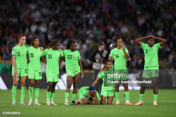 Nigeria playersreact after Desire Oparanozie of Nigeria misses the team's first penalty in the penalty shoot out during the FIFA Women's World Cup...