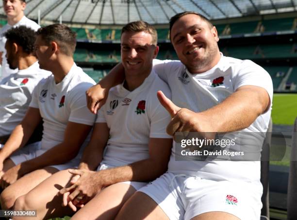 Jamie George and George Ford give a thumbs up during the England rugby World Cup squad announcement at Twickenham Stadium on August 07, 2023 in...