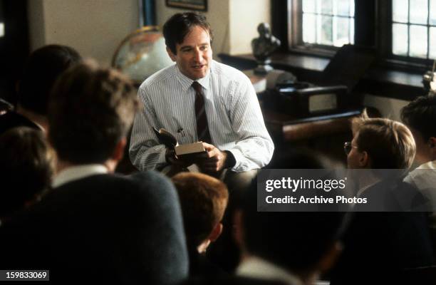 Robin Williams teaching a class in a scene from the film 'Dead Poets Society', 1989.