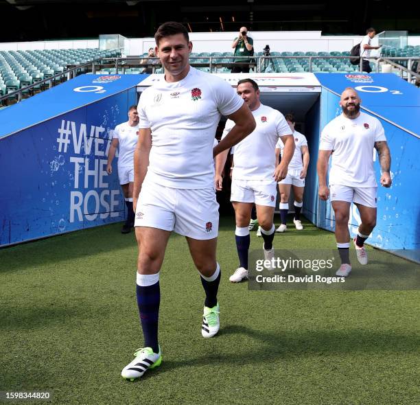 Ben Youngs, leads the team out of the tunnel during the England rugby World Cup squad announcement at Twickenham Stadium on August 07, 2023 in...