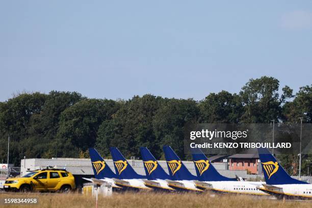 Photograph shows Ryanair aircraft lined up on the day of a Ryanair pilots' strike over working conditions at the Charleroi Airport, in Charleroi on...