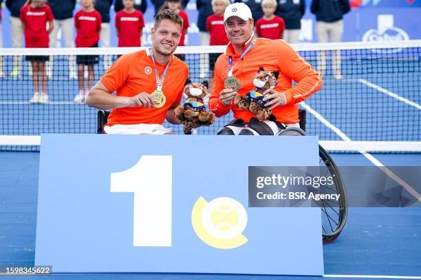 Maikel Scheffers of the Netherlands and Ruben Spaargaren of the Netherlands during the Wheelchair Tennis match on Day 6 of European Para...