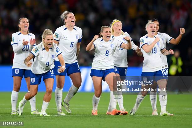 England players celebrate the team's victory through the penalty shoot out in the FIFA Women's World Cup Australia & New Zealand 2023 Round of 16...