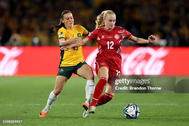 Hayley Raso of Australia and Kathrine Kuhl of Denmark compete for the ball during the FIFA Women's World Cup Australia & New Zealand 2023 Round of 16...