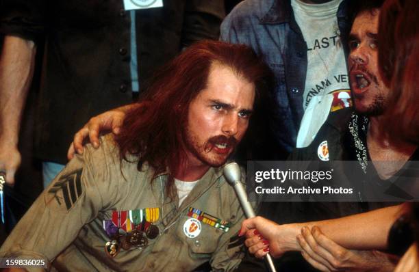 Tom Cruise speaking out for the military veterans in a scene from the film 'Born On The Fourth Of July', 1989.