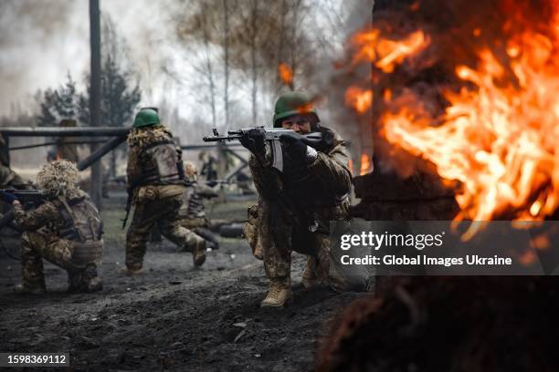 Ukrainian military practice assault tactics at a military training area before the counteroffensive operation during Russia��’s war against Ukraine on...