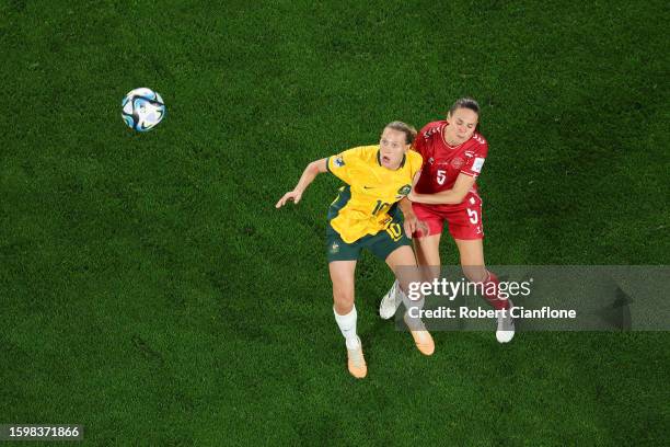 Emily Van-Egmond of Australia is challenged by Simone Boye of Denmark during the FIFA Women's World Cup Australia & New Zealand 2023 Round of 16...